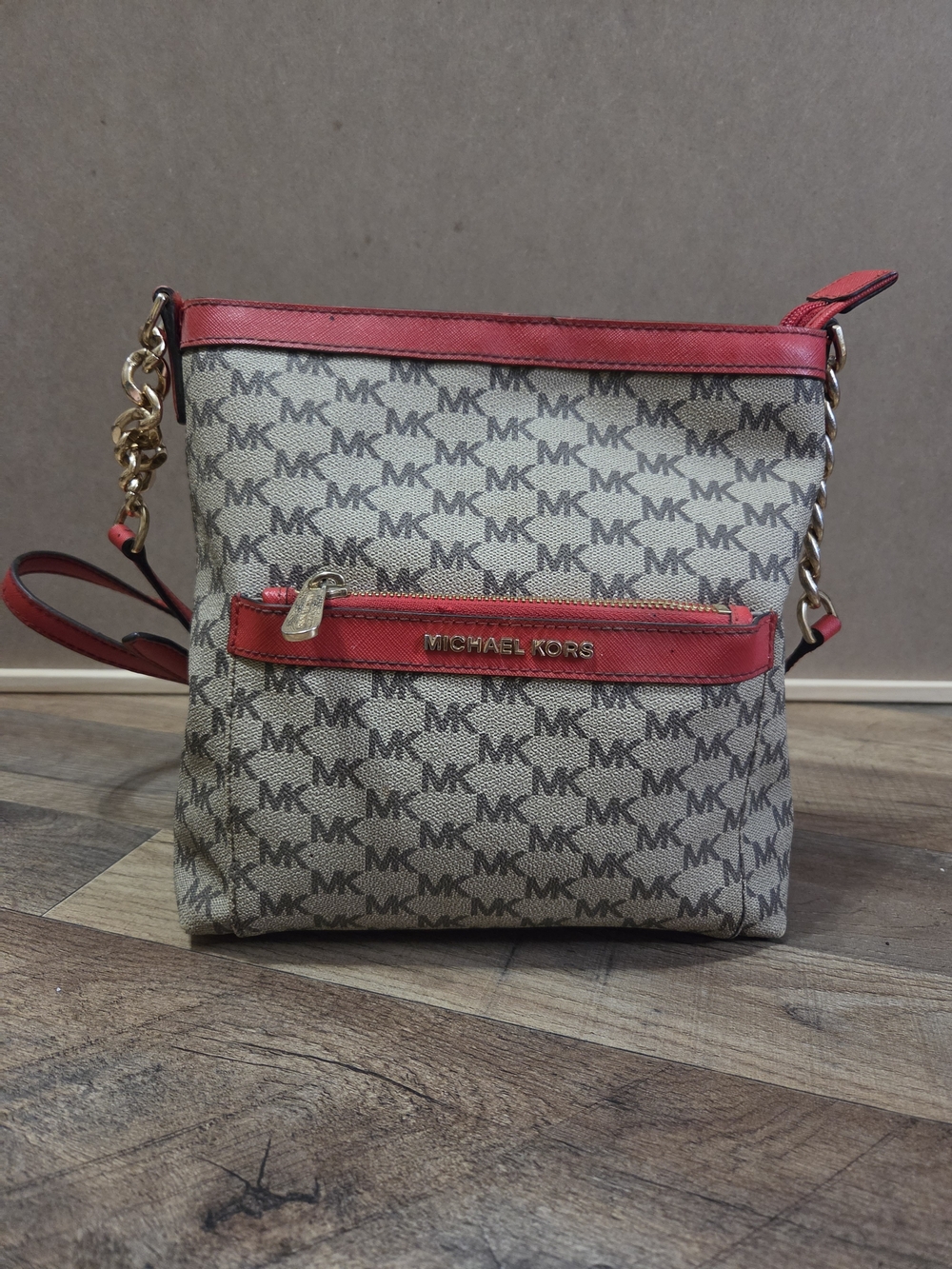 Michael Kors Morgan Medium Messenger Crossbody Bag Monogram Red Trim